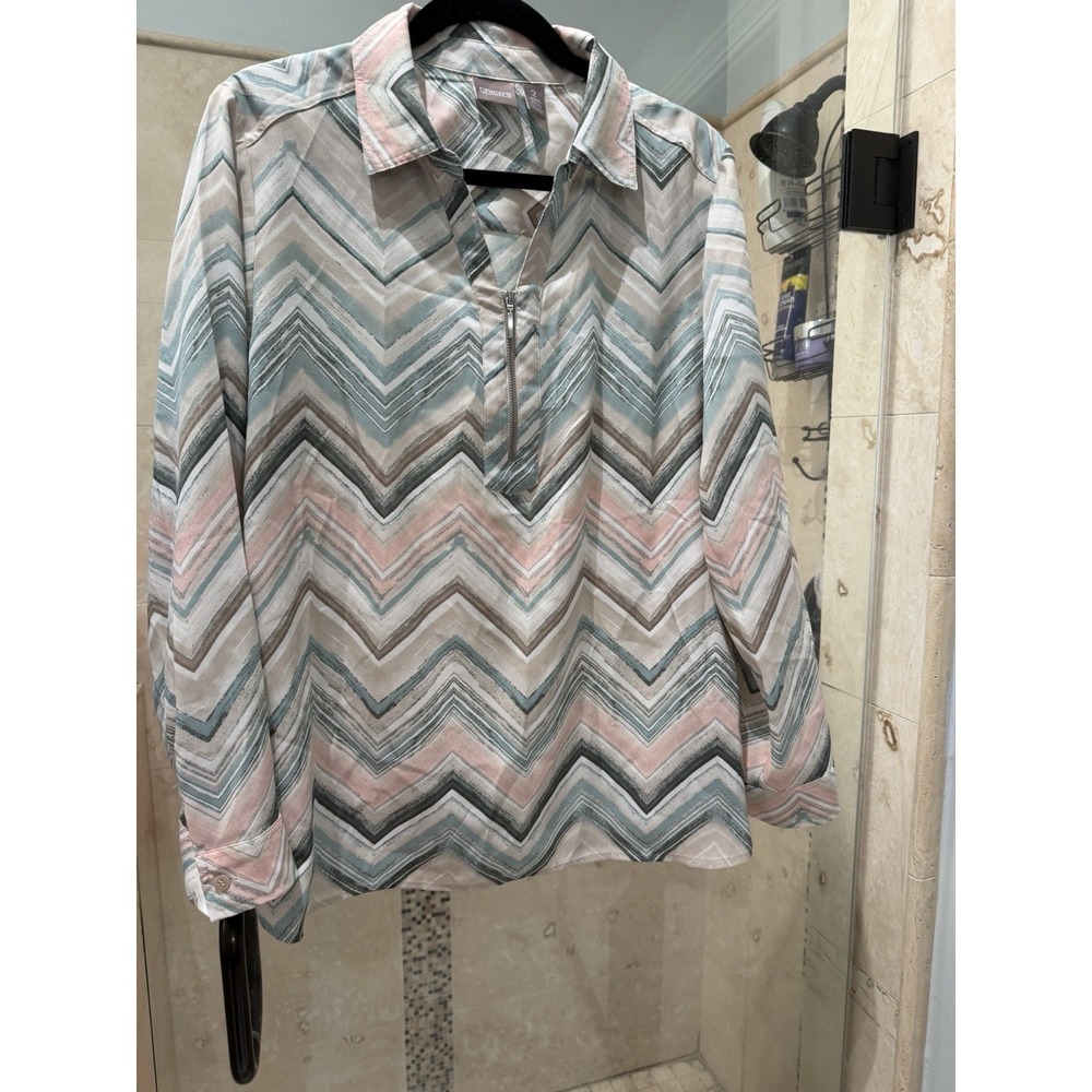 Chico's 2 L Pastel Chevron Print Top V-Neck Long Roll Tab Sleeve Bold 1/4 Zip
